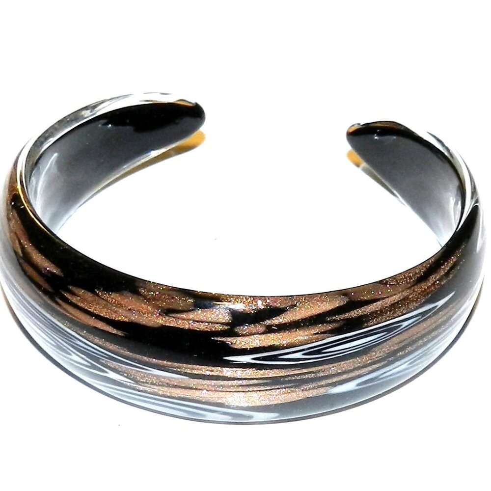 New Black & White Gold Bronze Sparkle Lampworked Glass 7.25" Cuff Bracelet BR370